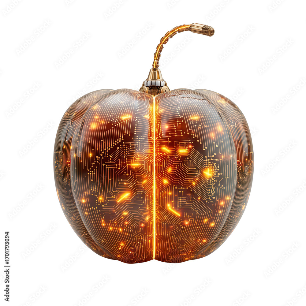 Poster future autumn concept. a futuristic pumpkin illuminated with circuit patterns.