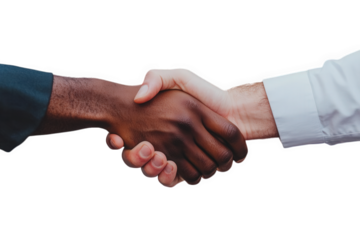 Closeup of two diverse people shaking hands in agreement isolated on transparent background