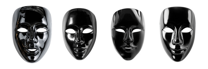 Four reflective blank face masks arranged in a row isolated on a transparent background