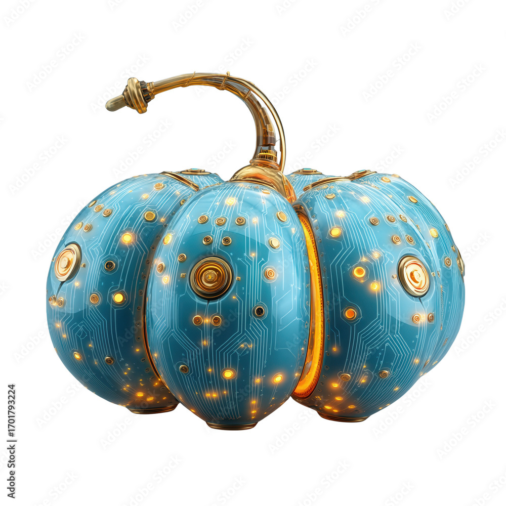 Poster future autumn concept. a futuristic pumpkin with circuit patterns and glowing features.