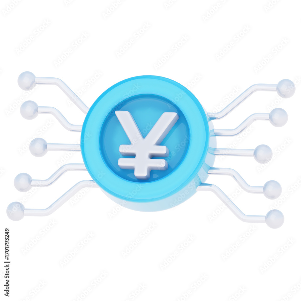 Poster a 3d render of a digital yen currency symbol connected to a circuit board, representing digital fina