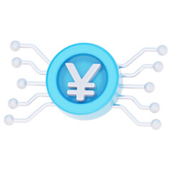 A 3D render of a digital Yen currency symbol connected to a circuit board, representing digital...