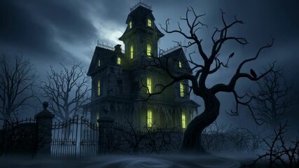Haunted house with glowing windows and spooky trees under a dark cloudy sky for a Halloween horror concept footage.