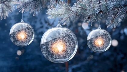 Generated image Crystal bauble with glowing light on Christmas tree and snowy dark blue background