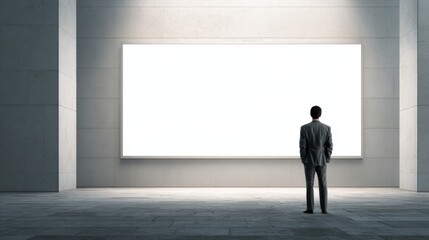 Fototapeta premium Businessman Standing in Front of a Large Blank Billboard, Ideal for Mockup Advertising and Presentations