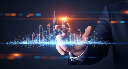 Businessman interacts with futuristic holographic city skyline, symbolizing innovation and digital transformation.