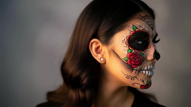 Woman with calavera makeup celebrating a holiday. Day of the Dead sugar skull face paint for Halloween or Mexican tradition footage.