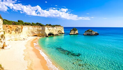 A breathtaking seascape featuring a pristine beach, clear turquoise water, and dramatic limestone cliffs.