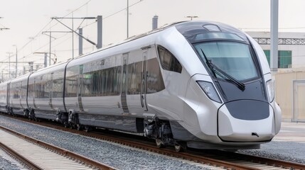 Naklejka premium Modern High-Speed Train on Railway Tracks, Streamlined Design for Efficient and Rapid Transportation Systems