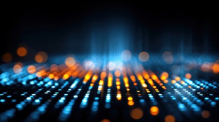Abstract Data Visualization: Glowing Pixels in a Blue and Orange Grid Pattern, High-Tech Digital Background