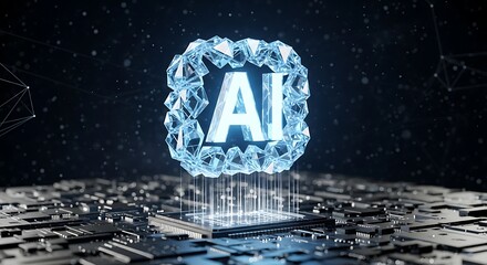 Stunning AI concept with glowing crystal logo over futuristic circuit board, representing innovation and technology's future.