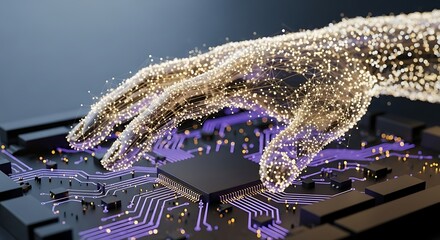 Futuristic glowing digital hand reaching over intricate circuit board, symbolizing AI and innovation