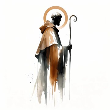 Watercolor painting of saint francis of assisi with halo and staff illustration art