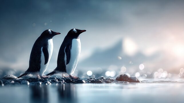 Two charming penguins stand on a rocky shore, gazing out over a serene body of water, creating a tranquil and scenic atmosphere ideal for nature-themed projects, educational materials, or brochures, - Powered by Adobe