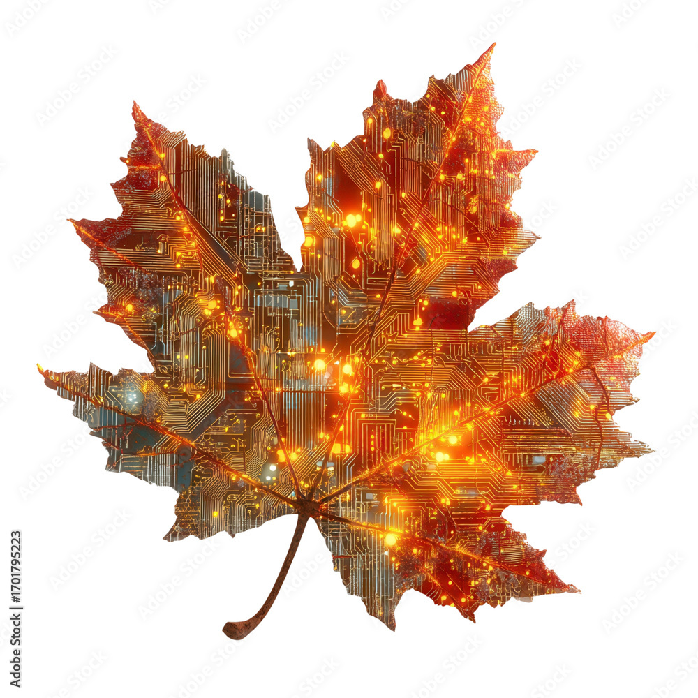 Poster future autumn concept. leaf with circuit patterns and glowing elements.