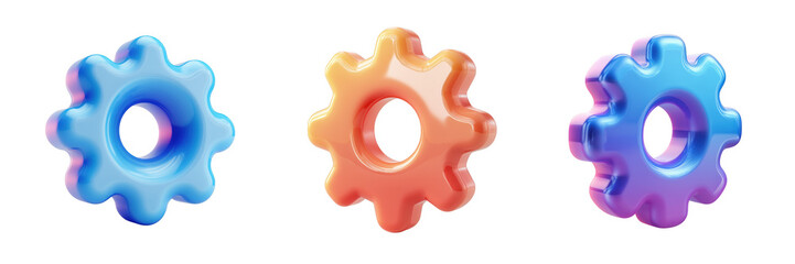 Three glossy 3 D rendered gears in blue orange and purple isolated on a transparent background