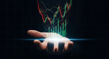 Stunning financial data visualization erupting from an open palm, symbolizing trading success and market growth.