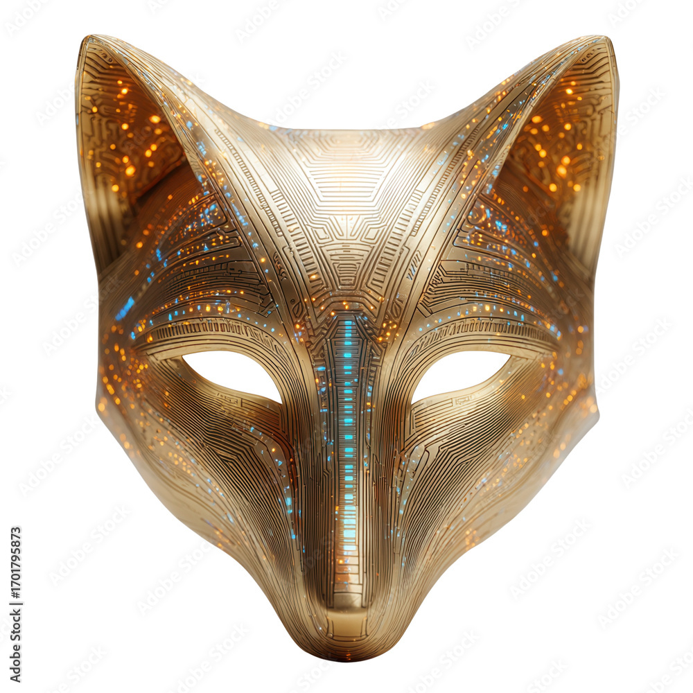 Poster future autumn concept. futuristic fox mask design with intricate circuitry patterns.