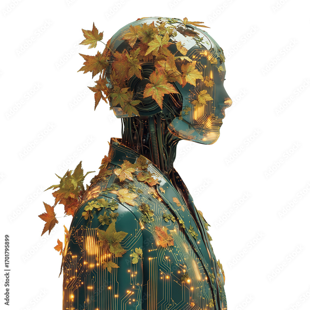 Poster future autumn concept. a robotic figure adorned with autumn leaves and circuit patterns.
