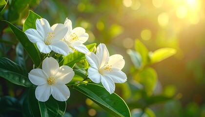 Fototapeta premium Delicate white blossoms bloom in soft sunlight, showcasing vibrant greenery.