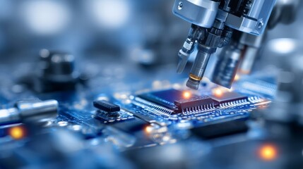 A precision robotic arm equipped with a specialized tool performs delicate operations in a high-tech manufacturing facil