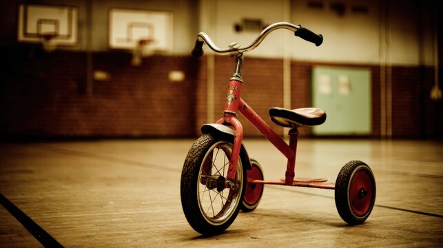 Vintage Red Tricycle Parked in Gymnasium, Nostalgic Childhood Memories, Child Development, Physical Activity, Fun