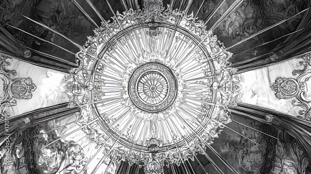 Poster ornate ceiling with intricate details and radial patterns in a grayscale architectural photograph vi