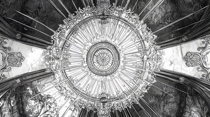 Ornate ceiling with intricate details and radial patterns in a grayscale architectural photograph view from below