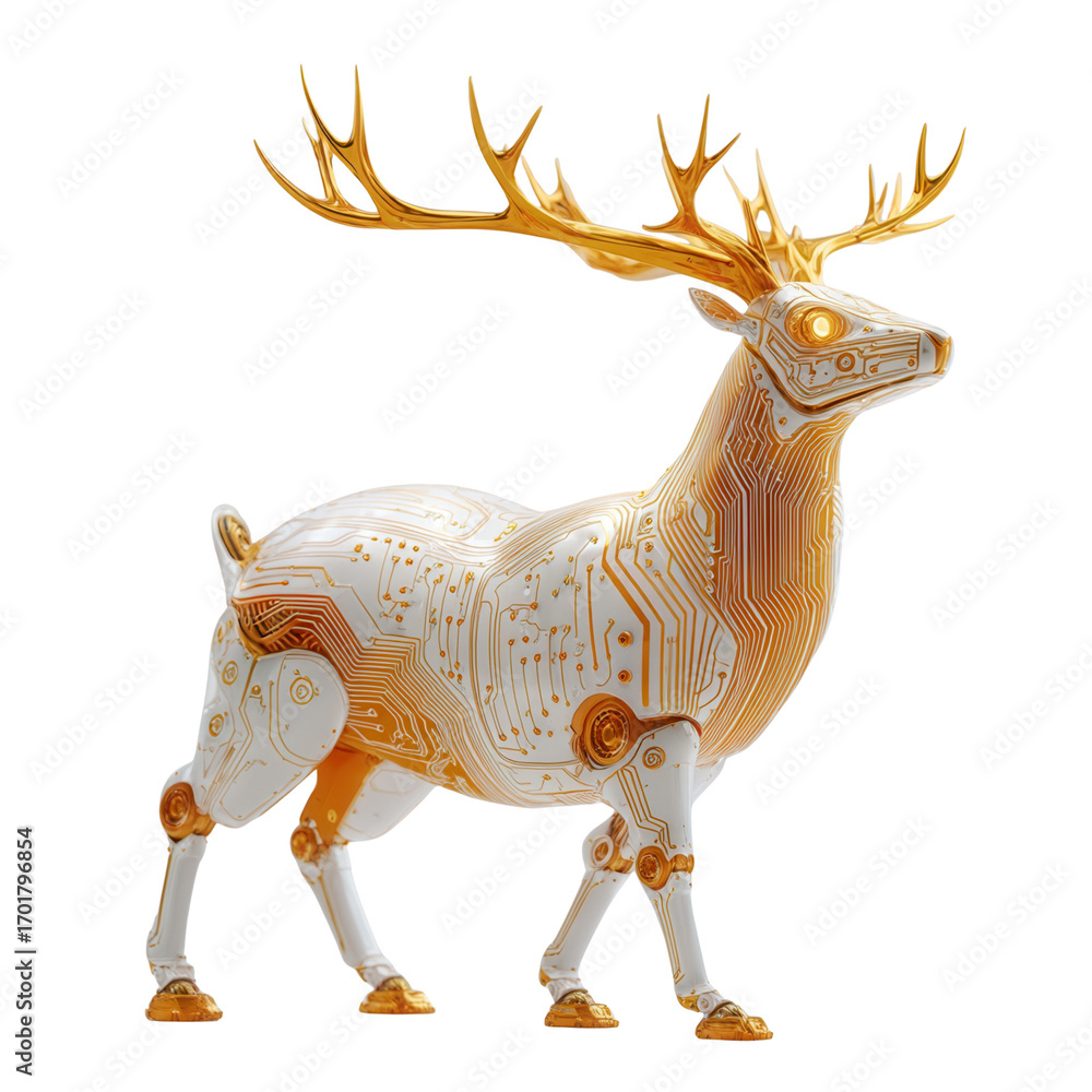 Poster future autumn concept. robotic deer with electronic circuit patterns.