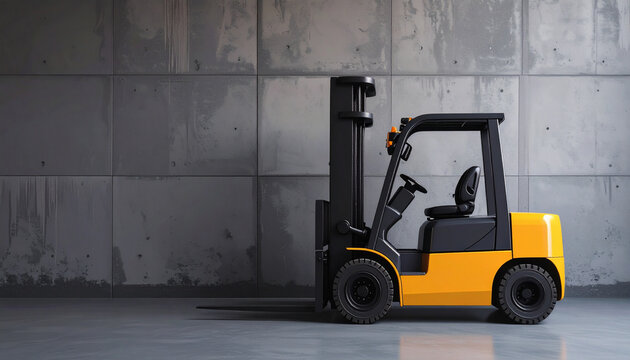 Yellow industrial forklift loading freight from a pallet in a warehouse