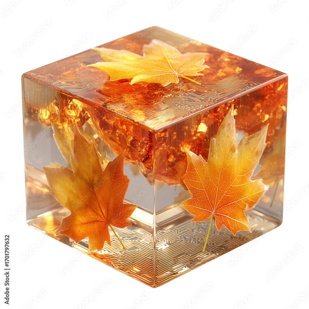 Poster future autumn concept. decorative cube with embedded autumn leaves.