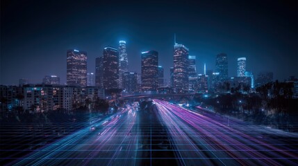 Obraz premium Vibrant Cityscape at Night with Light Streaks in a Modern Urban Setting