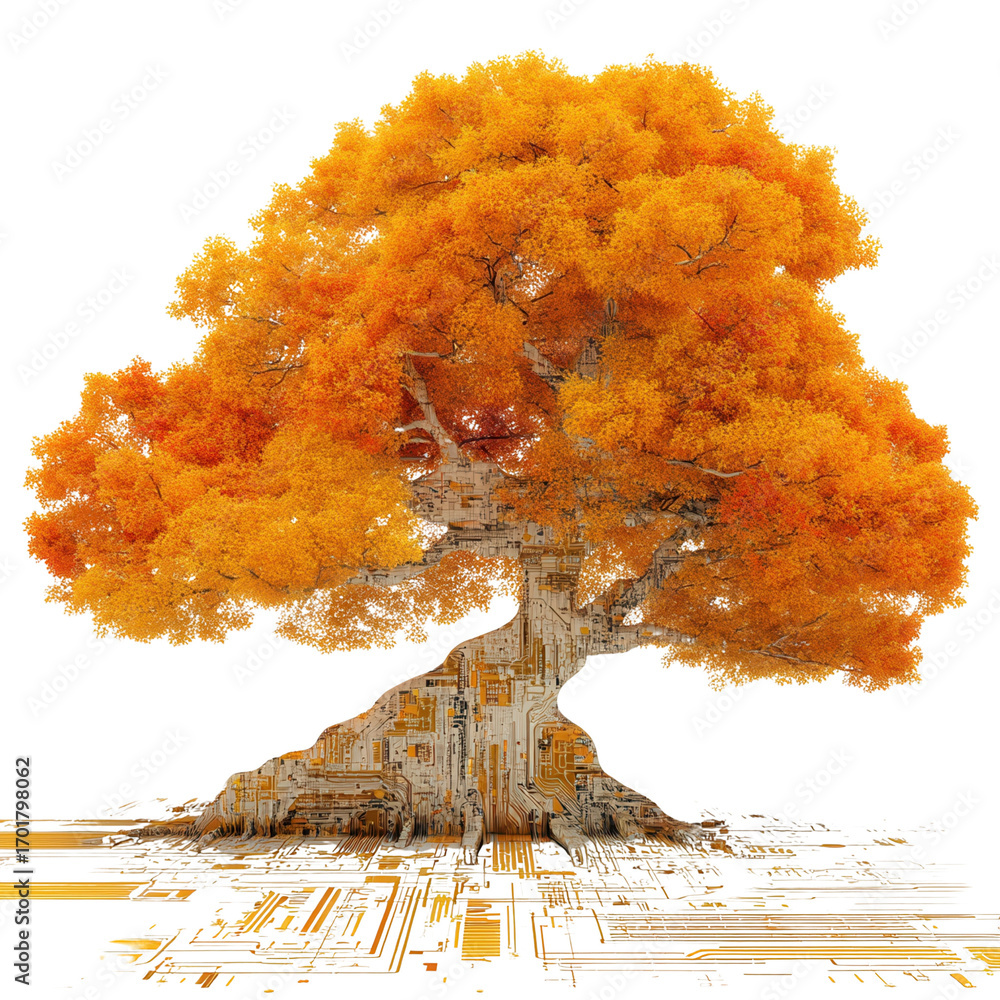 Poster future autumn concept. vibrant tree with autumn leaves and circuit patterns.