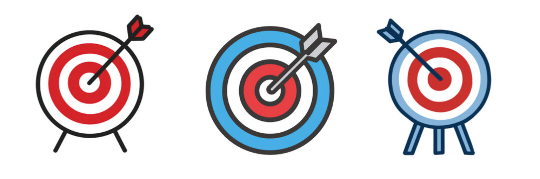 Three targets with arrows hitting bullseye in red blue colors isolated on a transparent background image