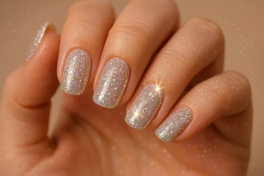 Close-up of Hand with Sparkling Glitter Nails