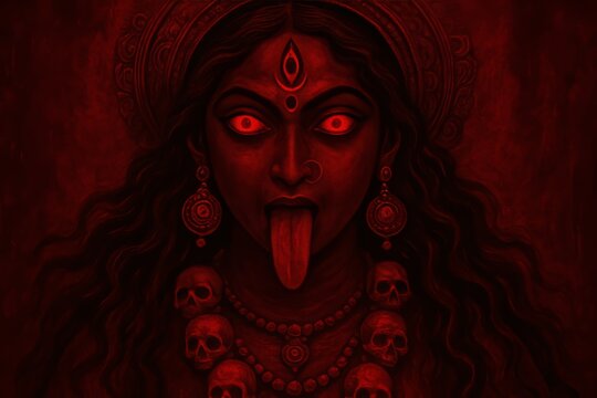 Goddess Kali in crimson red with glowing fierce eyes and dark ominous background, symbolizing divine power.