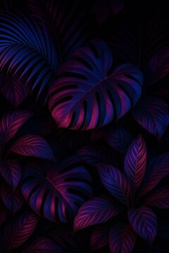 Neon Glow on Tropical Leaves at Night