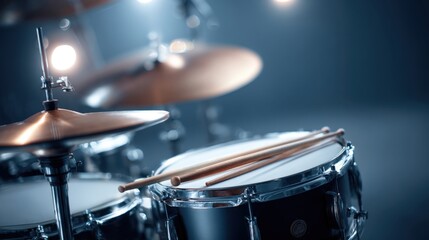 Obraz premium Drum kit closeup featuring drumsticks and cymbals against a moody background, creating a musical rhythm