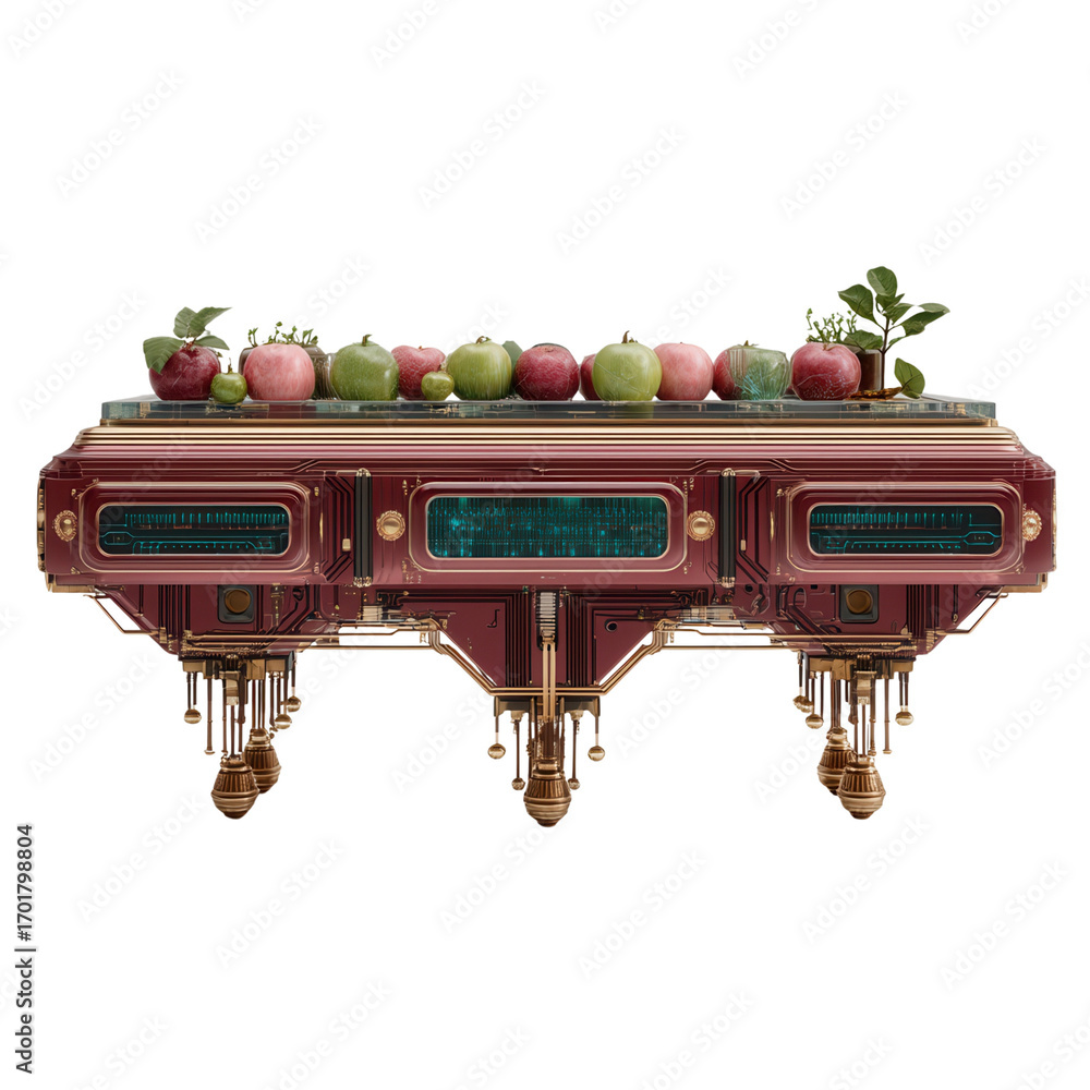 Poster future autumn concept. futuristic table with assorted fruits on top.