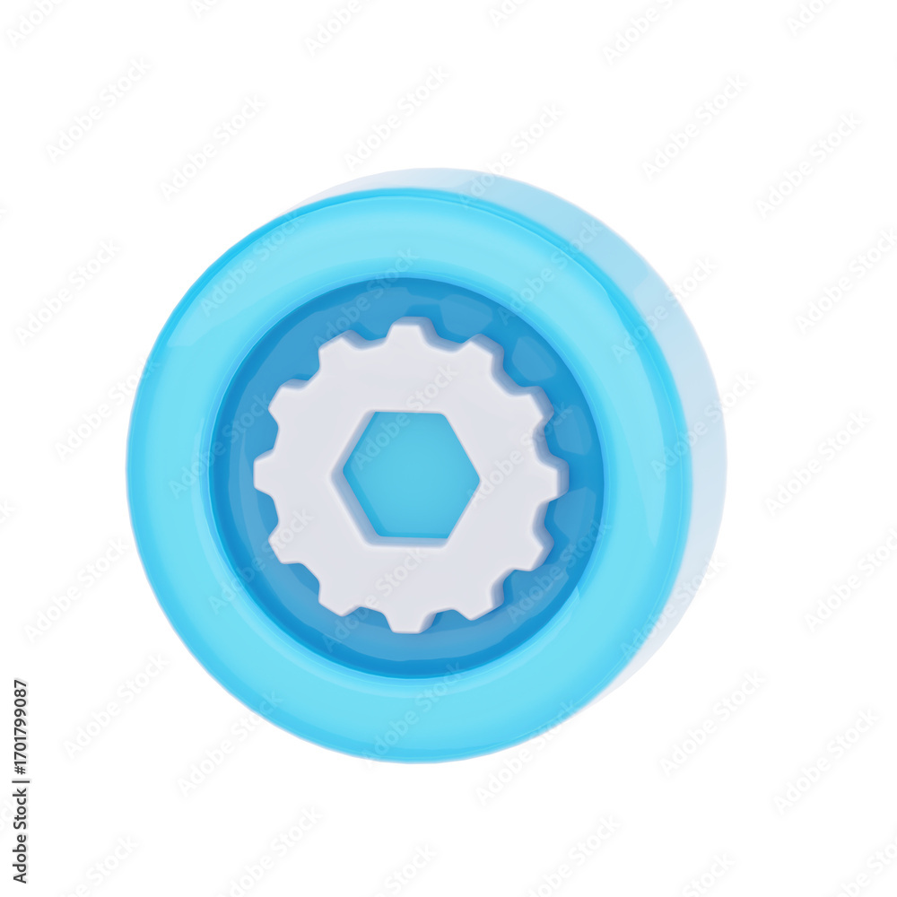 Poster a 3d rendered icon featuring a light blue and white gear with a hexagonal center, symbolizing settin