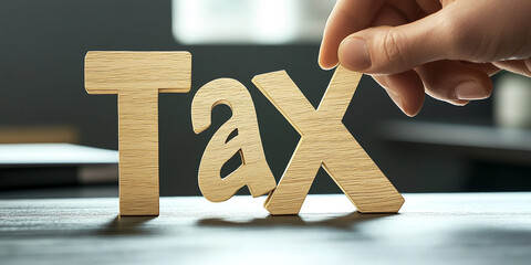Income tax summary on desk with hand moving wooden tax symbol