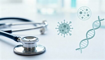 Medical Stethoscope with Virus and DNA Graphics for Healthcare Concepts and Scientific Research