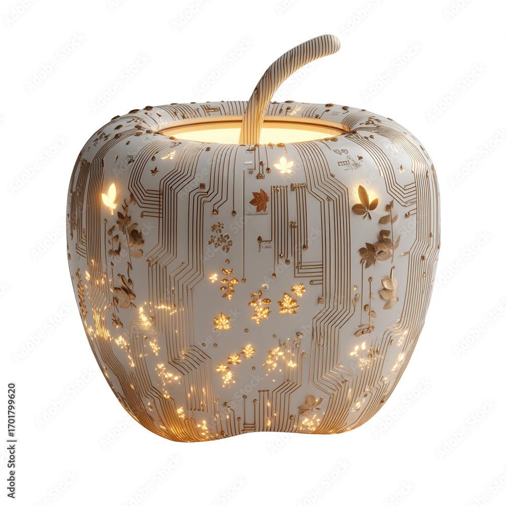 Poster future autumn concept. apple-shaped lamp with intricate floral and circuit patterns.