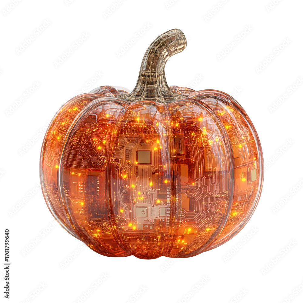 Poster future autumn concept. digital pumpkin with circuit patterns and glowing elements.