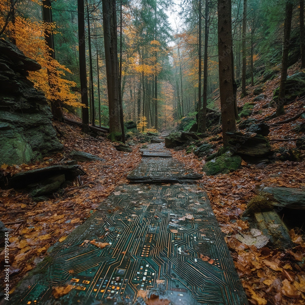 Poster future autumn concept. a forest path with a circuit board design on the ground.