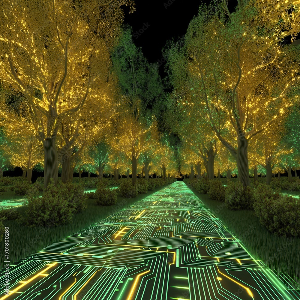 Poster future autumn concept. surreal pathway lined with trees and a circuit board design.