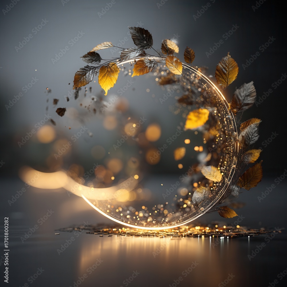 Poster future autumn concept. illuminated circular design with leaves and glowing particles.