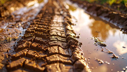 Deep Tire Tracks in Mud and Water Puddles