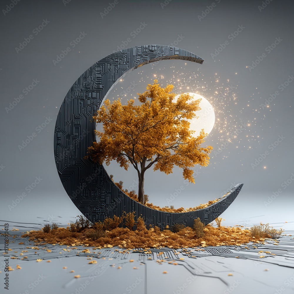 Poster future autumn concept. a tree within a moon-shaped structure made of circuits and leaves.
