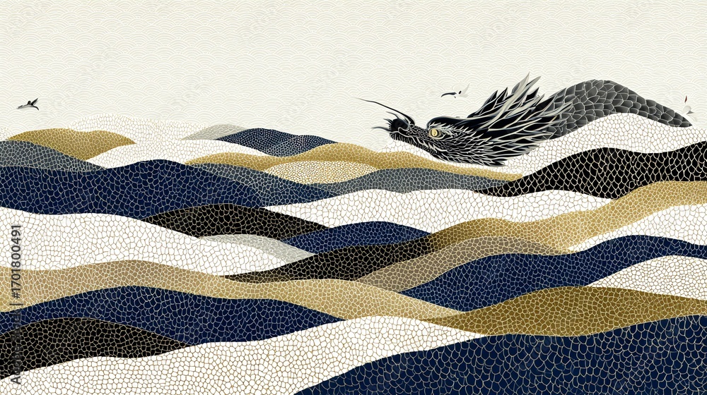 Poster a stylized dragon soars above a landscape composed of intricate, tessellated patterns, evoking a sen